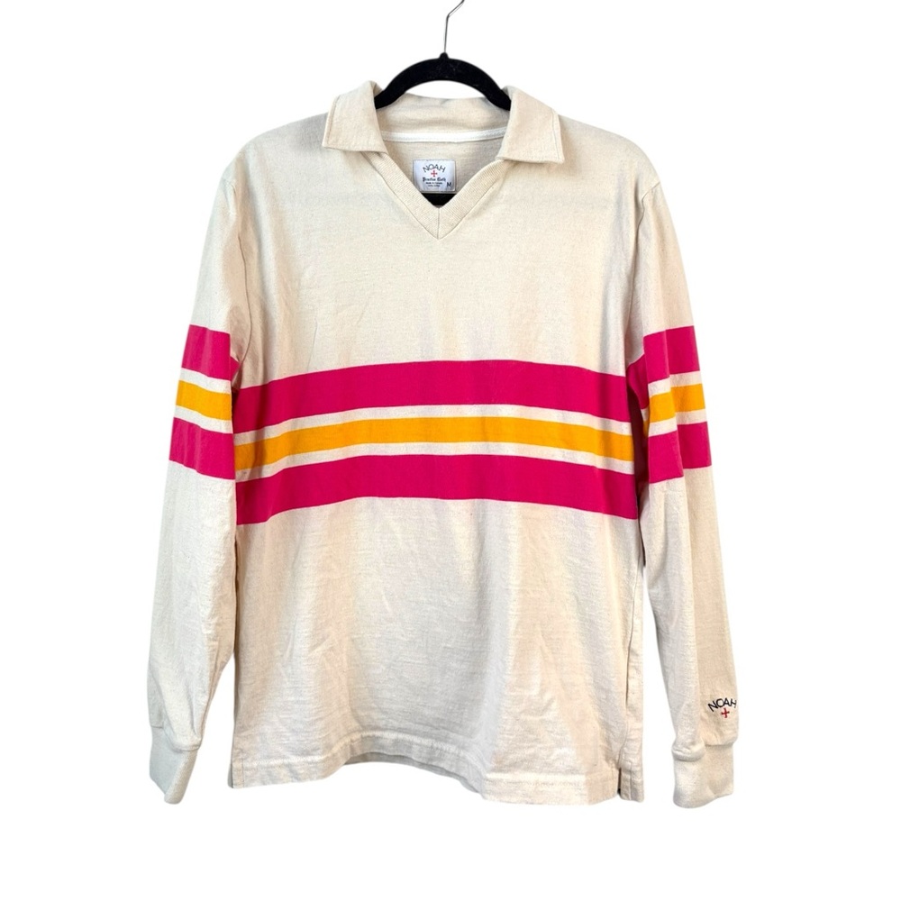 NOAH PITCH PRACTICE POLO IVORY PINK STRIPE RELAXED POLO SHIRT LONG SLEEVE MEDIUM - Picture 5 of 11